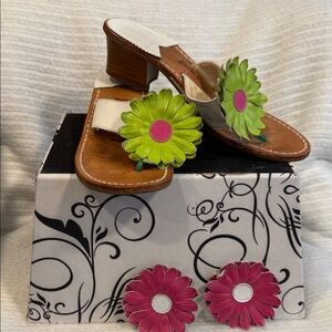 Jack Rogers Leather Flower Slide Sandals with interchangeable hot pink flowers